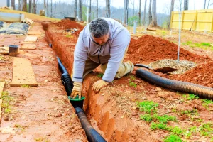 Ein Handwerker kniet an einem Graben im Garten und installiert eine Drainage mit flexiblen schwarzen Entwässerungsrohren und einem grünen Filtersieb im roten Erdboden.