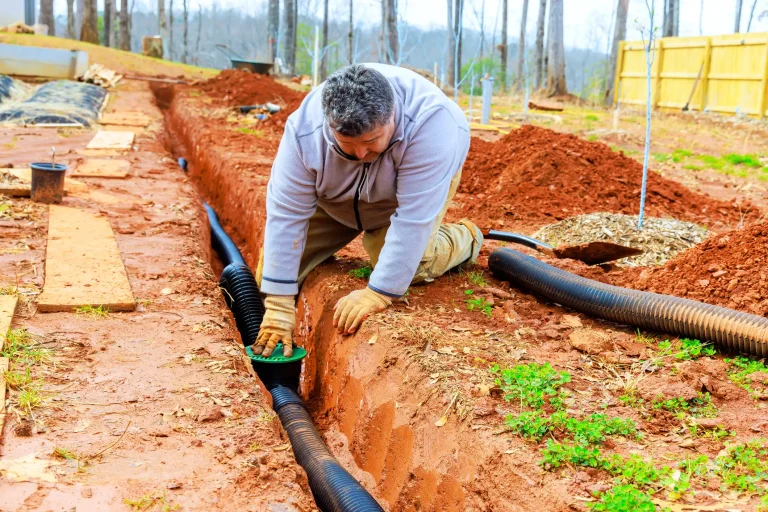 Ein Handwerker kniet an einem Graben im Garten und installiert eine Drainage mit flexiblen schwarzen Entwässerungsrohren und einem grünen Filtersieb im roten Erdboden.