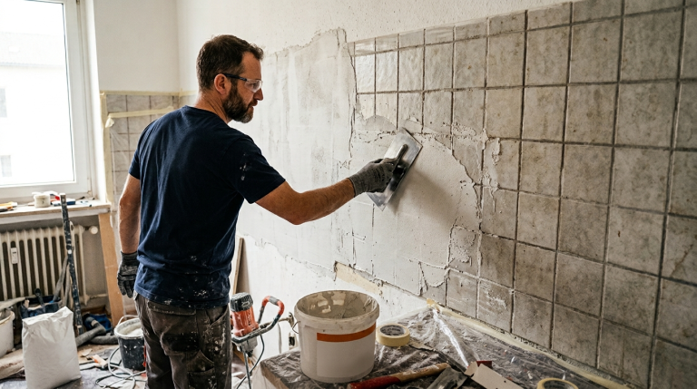 Ein Handwerker trägt mit einer Glättkelle Spachtelmasse auf einen alten Fliesenspiegel auf, um die Wandfläche für eine Renovierung einzuebnen. Im Vordergrund stehen Putzeimer, Werkzeuge und Baumaterialien auf einer Baustelle.