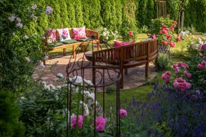 Ein üppig blühender Rosengarten im Juli mit einer gepflasterten Sitzecke. Zwei geschwungene Holz-Gartenbänke mit bunten Dekokissen laden zum Verweilen ein, umgeben von blühendem Lavendel, Rosensträuchern und einer dichten, grünen Hecke im Hintergrund.