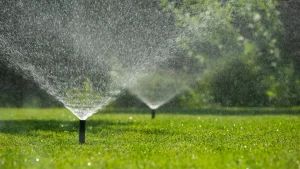 Automatische Gartenbewässerung: Ein Versenkregner sprüht feine Wassertropfen im weiten Bogen über eine saftig grüne Rasenfläche im sommerlichen Garten.