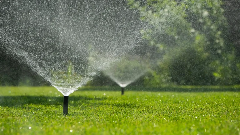 Automatische Gartenbewässerung: Ein Versenkregner sprüht feine Wassertropfen im weiten Bogen über eine saftig grüne Rasenfläche im sommerlichen Garten.