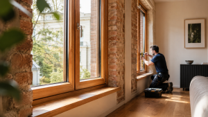 Maßgefertigtes Holzfenster mit Dreifachverglasung in einem renovierten Altbau, während ein Handwerker die Montage präzise ausführt.