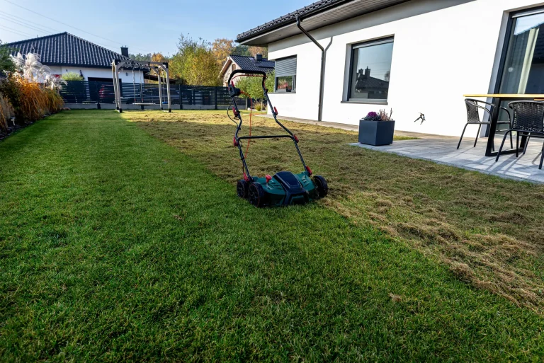 Ein elektrischer Vertikutierer steht auf einer Rasenfläche hinter einem modernen Wohnhaus. Die linke Seite zeigt dichten, grünen Rasen, während rechts die gelockerten Moos- und Filzreste nach dem Vertikutieren des Bodens sichtbar sind.