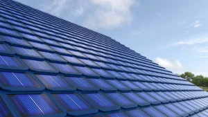 Schrägansicht eines Hausdachs, das flächendeckend mit blauen Solardachziegeln zur Photovoltaik-Stromerzeugung gedeckt ist.