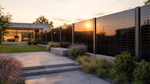 Fotorealistischer moderner Garten mit elegantem Solarzaun aus schwarzen Solarmodulen, Natursteinterrasse, gepflegtem Rasen und modernem Einfamilienhaus bei Sonnenuntergang.