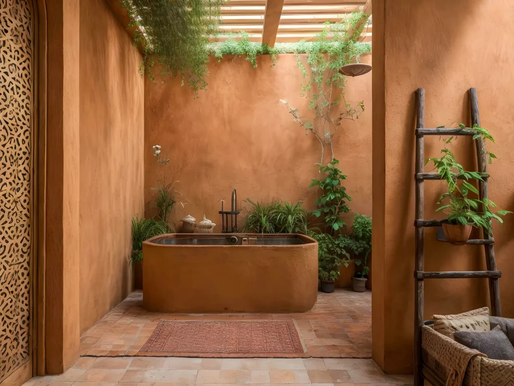Mediterranes Badezimmer mit Wänden und einer freistehenden Badewanne aus ockerfarbenem Tadelakt, der aus Muschelkalk gewonnen wurde. Der Raum im marokkanischen Stil hat einen Terrakottaboden, ist mit grünen Zimmerpflanzen dekoriert und wird durch eine offene Deckenkonstruktion erhellt.
