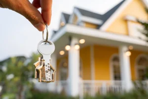 Ein Immobilienmakler hält den Schlüssel zu einem Haus in der Hand.