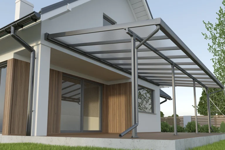 Terrassenüberdachung aus Aluminium und Glas über einer Terrasse eines Einfamilienhauses.