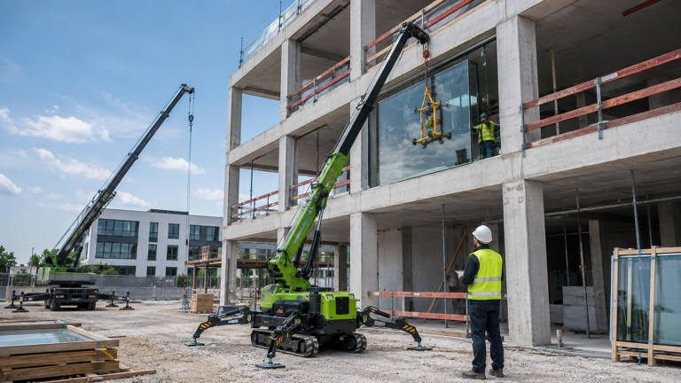Kran hebt eine große Glasscheibe zur Montage an die Fassade eines Neubaus.