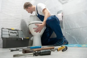 Sanitärinstallateur kniet im Badezimmer und montiert eine weiße Stand-Toilette mit Werkzeug auf dem Boden