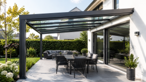 Moderne Terrassenüberdachung aus dunklem Aluminium und Glas über einer großzügigen Terrasse mit Sitzgruppe und Garten.