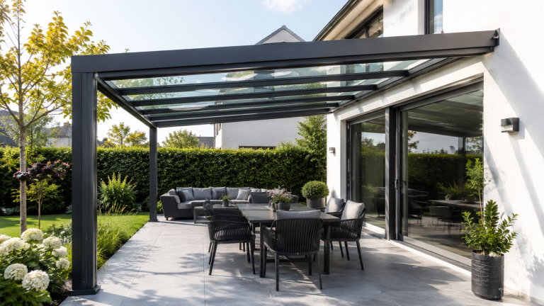 Moderne Terrassenüberdachung aus dunklem Aluminium und Glas über einer großzügigen Terrasse mit Sitzgruppe und Garten.