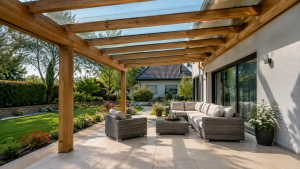 Terrassenüberdachung aus Holz mit Glasdach über einer modern eingerichteten Terrasse mit Lounge-Möbeln und Garten.