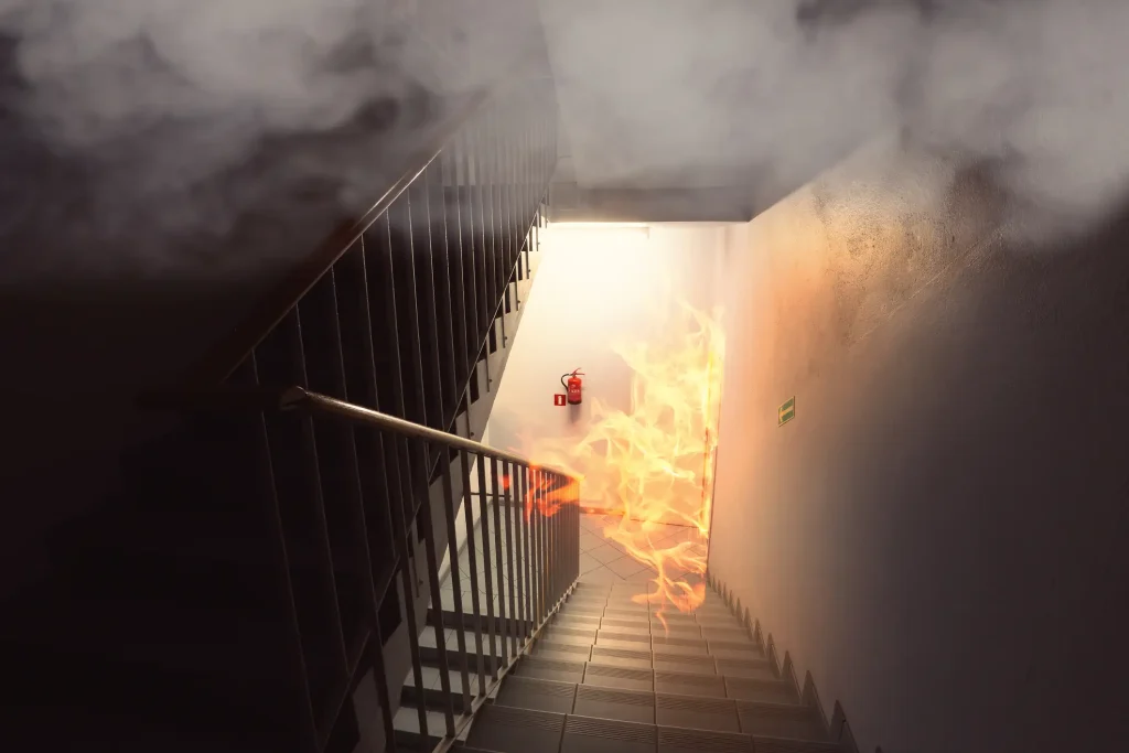 Verrauchtes Treppenhaus in einem Gebäude mit offenem Feuer im Treppenabgang, Feuerlöscher an der Wand und hellem Licht im Hintergrund.