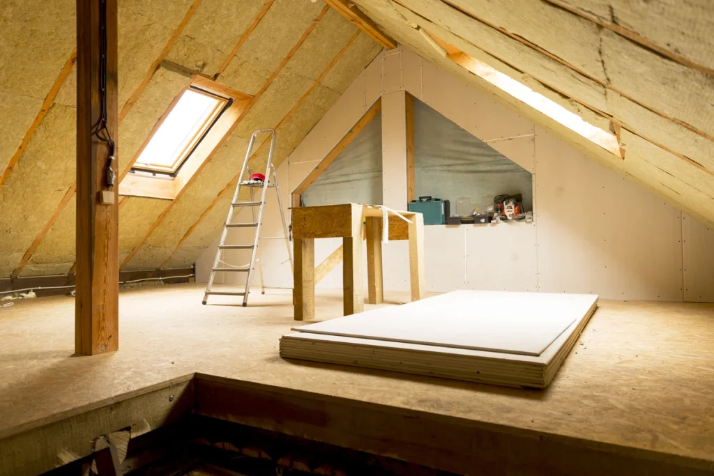 Dachdämmung mit Mineralwolle zwischen den Sparren und Gipskartonplatten für den Innenausbau.