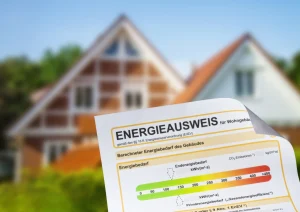 Energieausweis für Wohngebäude mit bunter Effizienzskala vor unscharfem Einfamilienhaus.