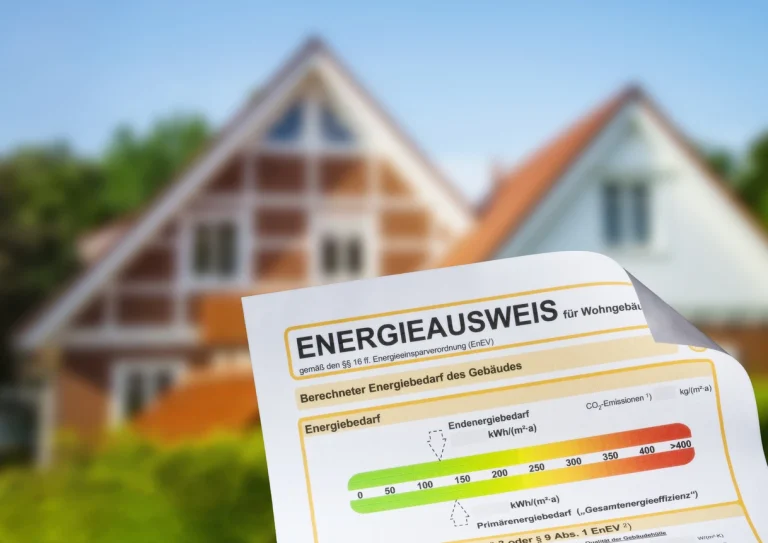 Energieausweis für Wohngebäude mit bunter Effizienzskala vor unscharfem Einfamilienhaus.