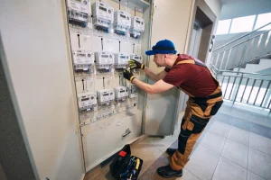 Elektriker installiert neuen FI-Schalter in Hauselektronik.