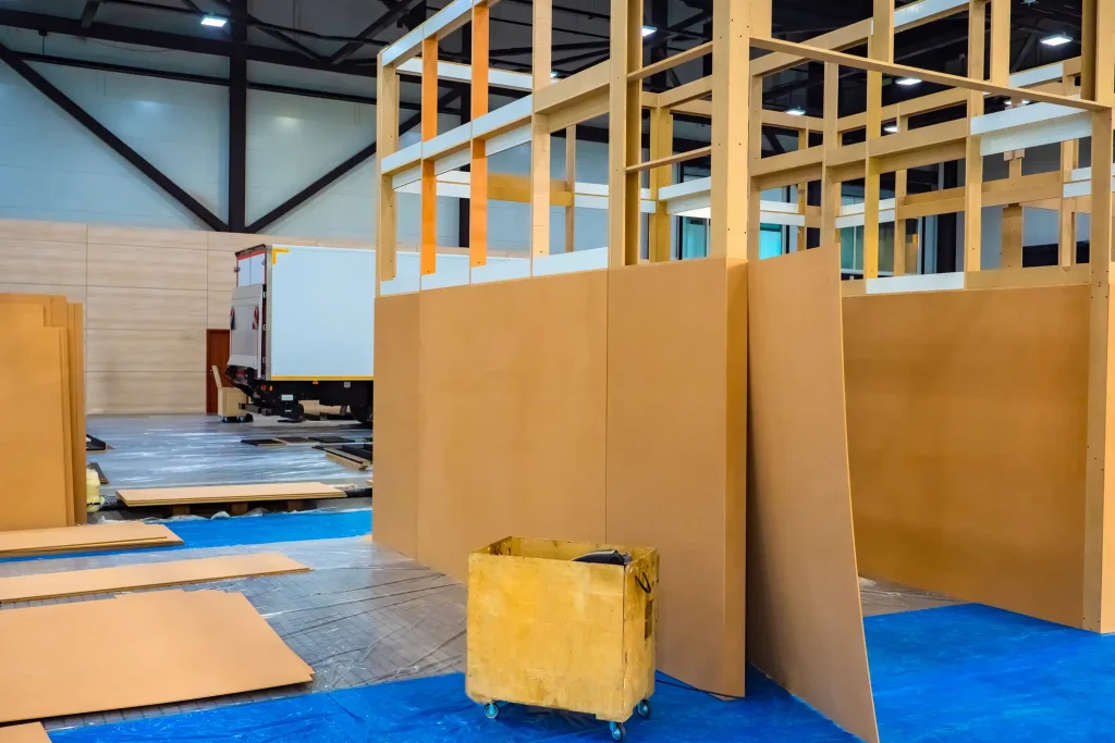 Aufbau eines Messestands aus Sperrholzrahmen und Holzplatten in einer Messehalle.