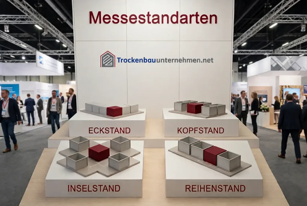 Infotafel im Messebau mit 3D-Modellen zu Messestandarten: Eckstand, Kopfstand, Inselstand und Reihenstand.