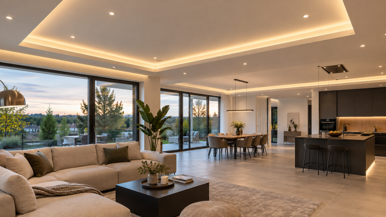 Moderner Neubau mit offener Wohnküche und zeitgemäßer Deckenbeleuchtung aus LED-Lichtbändern, Einbauspots und Pendelleuchten.