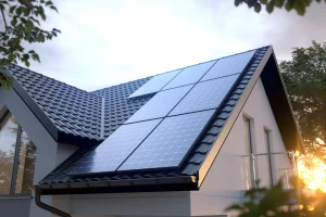 Einfamilienhaus mit Solaranlage auf dem Dach.