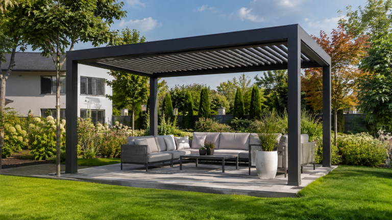 Moderne Pergola mit dunklem Aluminiumgestell und Lamellendach in einem gepflegten Garten mit gemütlicher Sitzecke.