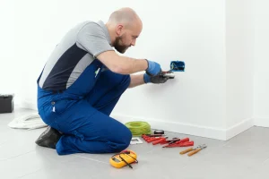 Elektriker baut den Anschluss einer Wandsteckdose ein.