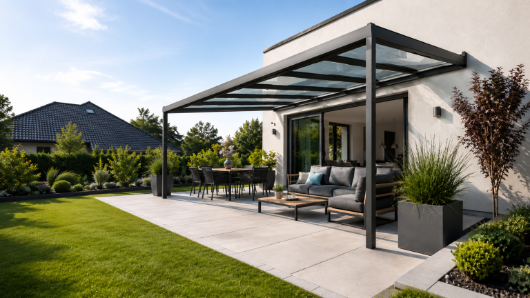 Moderne Terrasse mit Terrassenüberdachung aus dunklem Aluminium und Glas, Sitzgruppe und gepflegtem Garten.