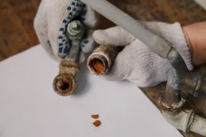 Stark verrostete und mit Kalk zugesetzte alte Wasserleitung aus Metall bei der Inspektion.