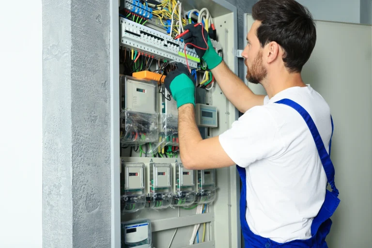 Elektriker in Arbeitskleidung führt Arbeiten an einem Zählerschrank durch.