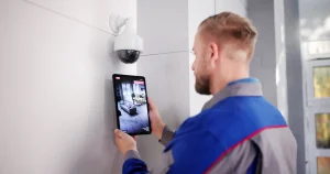 Sicherheitstechniker prüft eine installierte Überwachungskamera an der Wand mit dem Livebild auf einem Tablet.