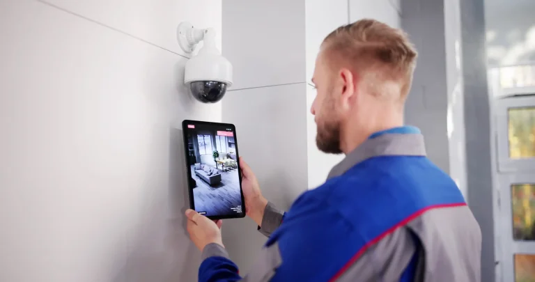 Sicherheitstechniker prüft eine installierte Überwachungskamera an der Wand mit dem Livebild auf einem Tablet.