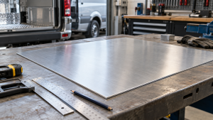 Aluminiumblech nach Maß auf einer Werkbank mit Messwerkzeugen und Fahrzeug im Hintergrund.