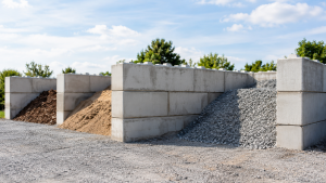 Betonblöcke als stabile Abtrennungen für Lagerflächen mit Schüttgut auf einem weitläufigen Grundstück.