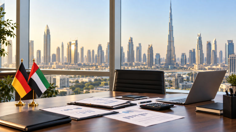 Moderner Besprechungsraum mit den Flaggen von Deutschland und den Vereinigten Arabischen Emiraten vor einer großen Fensterfront mit Blick auf die Skyline von Dubai und den Burj Khalifa.