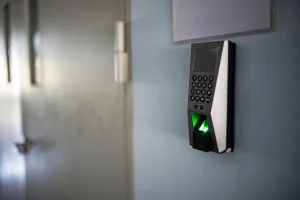 Elektrischer Türöffner an einer Hauswand.