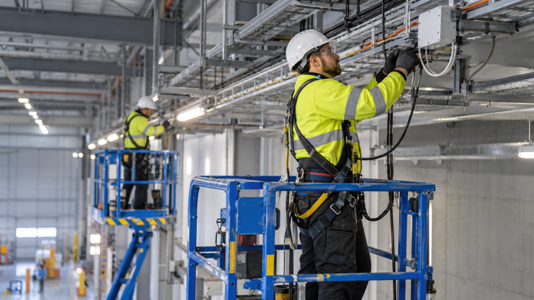 Elektriker mit Schutzhelm und Sicherheitsgeschirr führt Elektroarbeiten auf einer Hubarbeitsbühne unter einer Hallendecke aus.