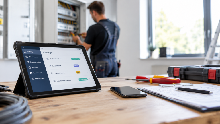 Digitalisierung im Elektrohandwerk mit Tablet zur digitalen Auftragsverwaltung und Zeiterfassung.