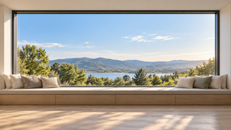 Großes bodentiefes Fenster mit Sitzbank und Kissen in einem hellen, minimalistisch eingerichteten Raum.