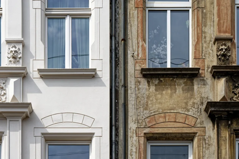 Direkter Vergleich einer sanierten, weiß verputzten Altbaufassade und einer unrenovierten, verwitterten Hauswand.