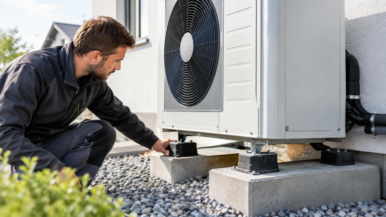 Ein Techniker überprüft die Schwingungsdämpfer unter einer außen aufgestellten Wärmepumpe, um die Übertragung von Körperschall auf das Gebäude zu reduzieren.