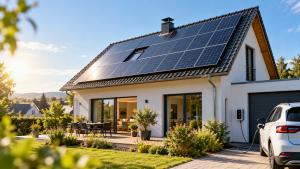 Modernes Einfamilienhaus mit Photovoltaikanlage auf dem Dach und Elektroauto an einer Wallbox.