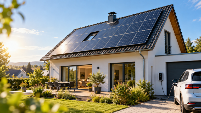 Modernes Einfamilienhaus mit Photovoltaikanlage auf dem Dach und Elektroauto an einer Wallbox.