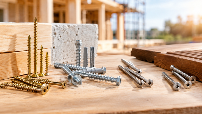 Verschiedene Holzbauschrauben und Betonschrauben auf einer Werkbank neben Holzbrettern und einem Betonblock.