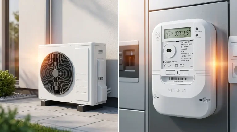 Moderne Wärmepumpen-Außeneinheit an einer Hauswand und digitaler Stromzähler zur Verbrauchsmessung.