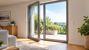 Moderne Dreh-Kipp-Terrassentür mit großer Glasfläche in hellem Wohnzimmer und Blick auf eine begrünte Terrasse.