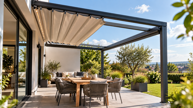 Moderne Terrassenüberdachung mit teilweise geöffnetem, beigefarbenem Faltdach und anthrazitfarbener Aluminiumkonstruktion über einer möblierten Terrasse mit Gartenblick.