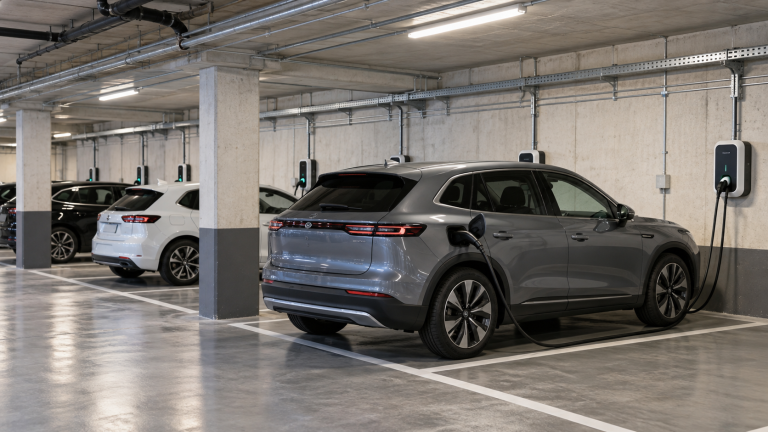Ein graues Elektroauto lädt an einer Wallbox in der Tiefgarage eines Mehrfamilienhauses, in der mehrere Stellplätze mit Ladestationen für Elektrofahrzeuge ausgestattet sind.